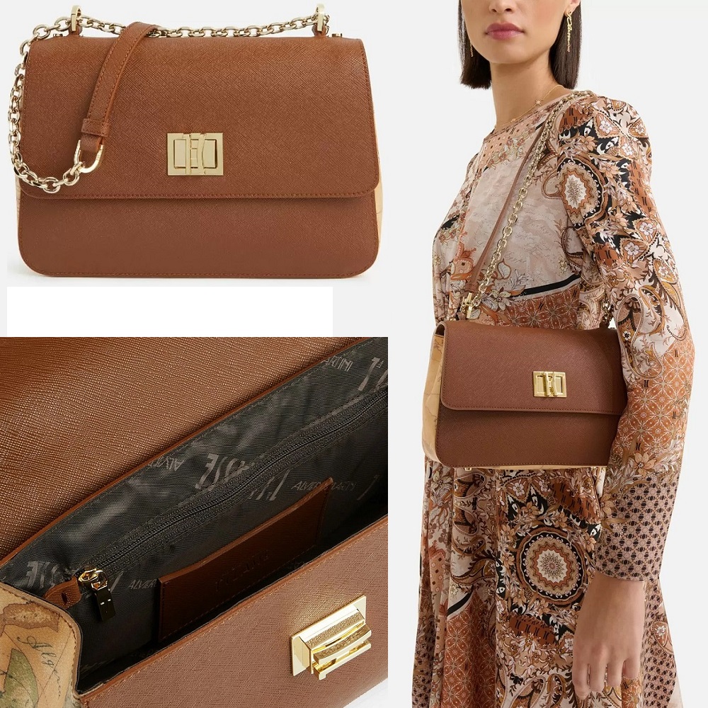 Alviero Martini 【 義大利地圖包】輕奢典雅 翻蓋金釦鍊帶側背包25cm-咖啡x地圖黃