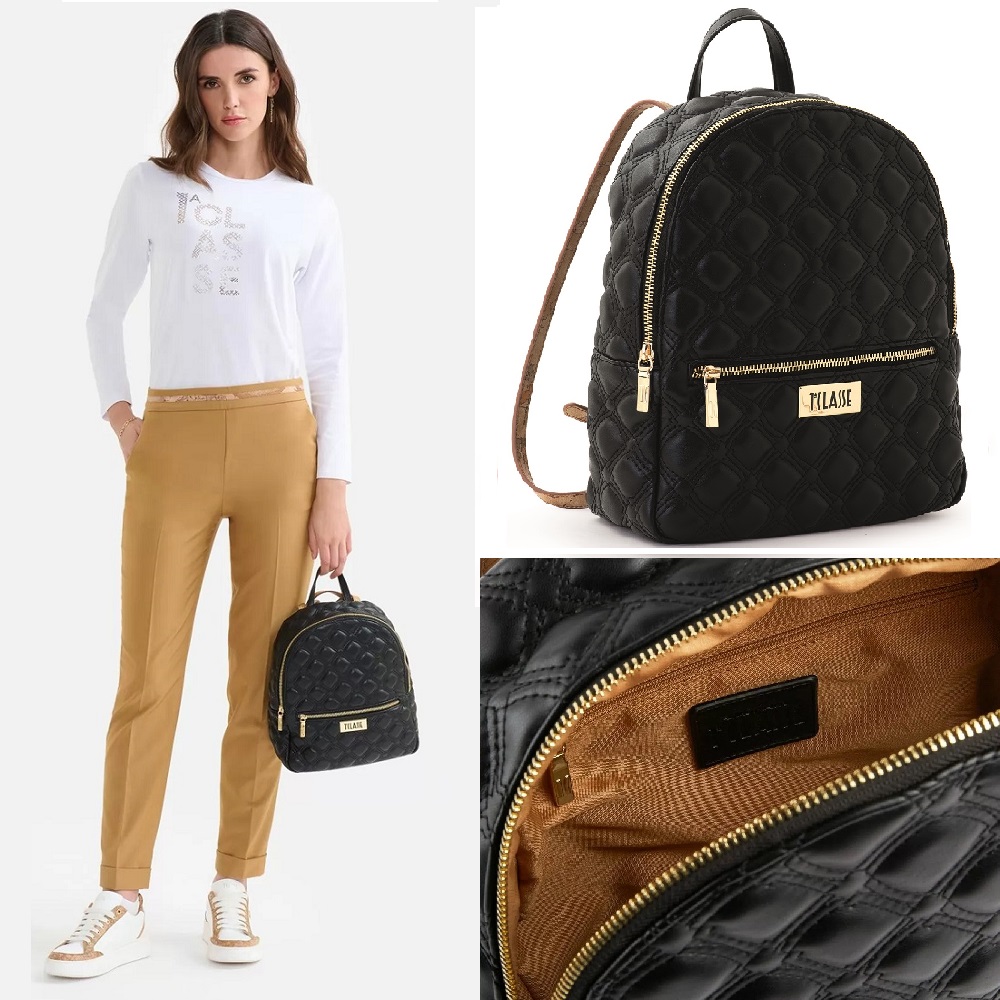 Alviero Martini 【 義大利地圖包】輕奢菱格紋 前口袋拉鍊後背包-黑色