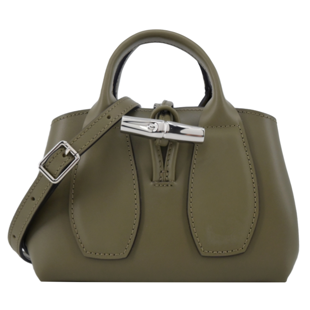LONGCHAMP LE ROSEAU系列金屬竹節牛皮手提/斜背兩用包(迷你/卡其綠)