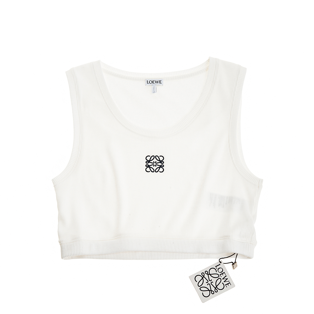 LOEWE 經典白色棉質刺繡Anagram logo 短版背心
