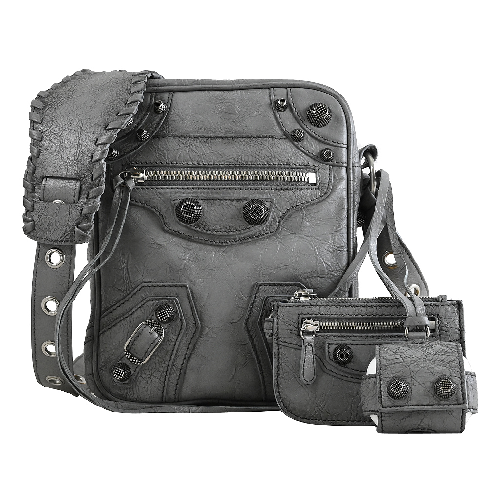 BALENCIAGA 巴黎世家 719065 Le Cagole 小羊皮三合一拉鍊斜揹包.淺灰