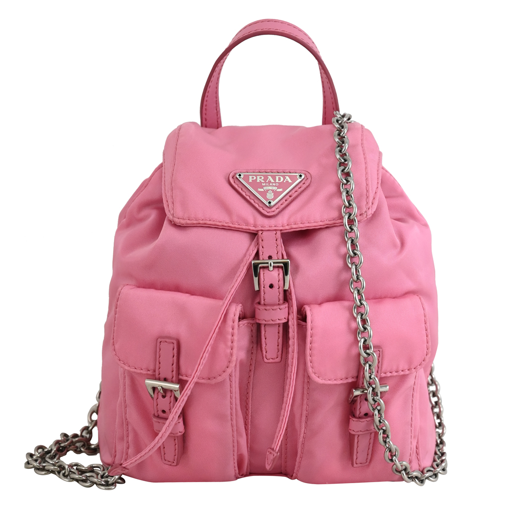 PRADA 1BH029 經典LOGO輕量尼龍迷你手提斜背兩用鍊包.亮粉