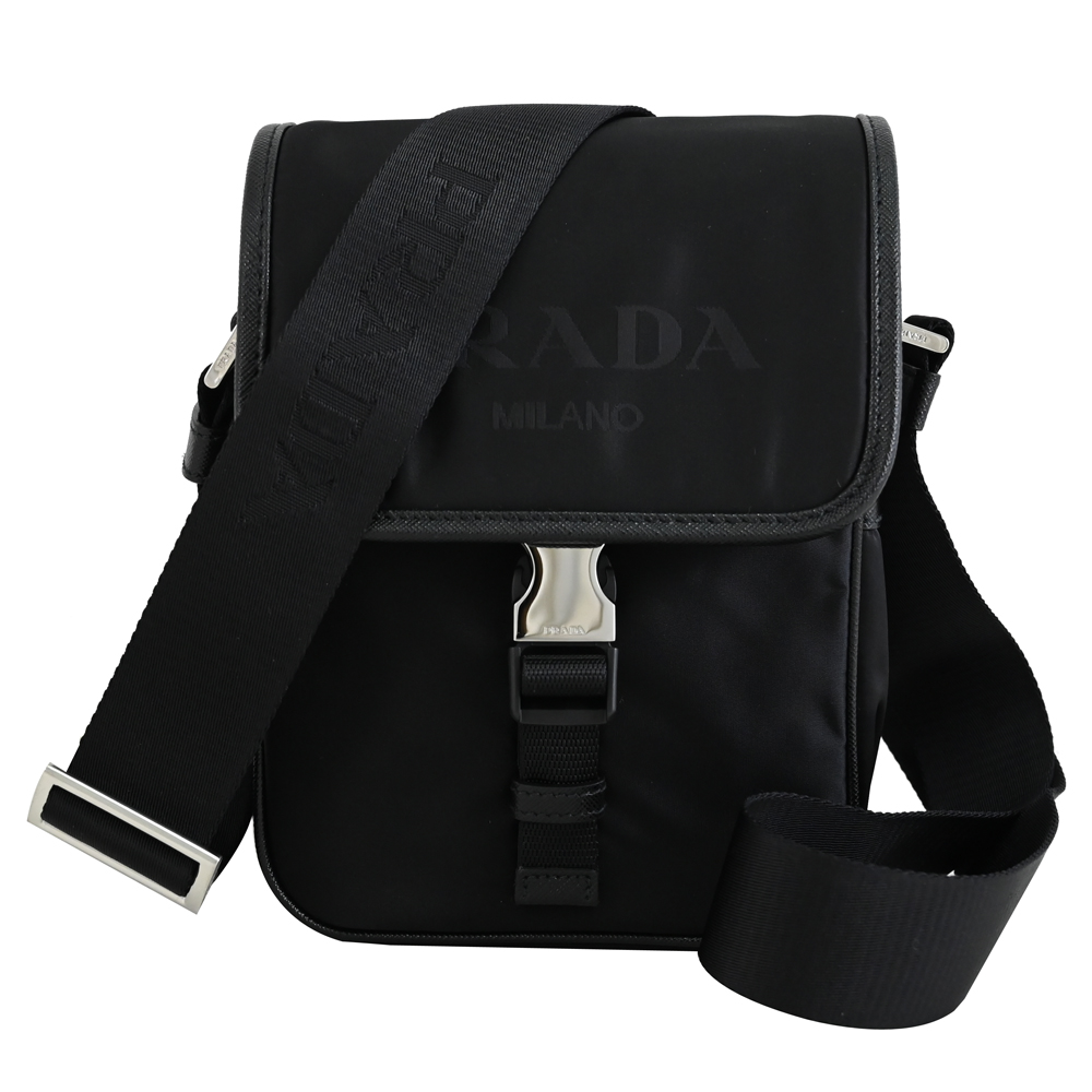 PRADA 2VD028 經典LOGO輕量尼龍翻蓋斜揹包.黑