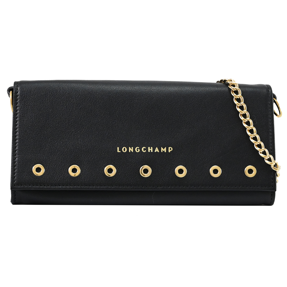 Longchamp 鉚釘小羊皮WOC斜背鍊包.黑