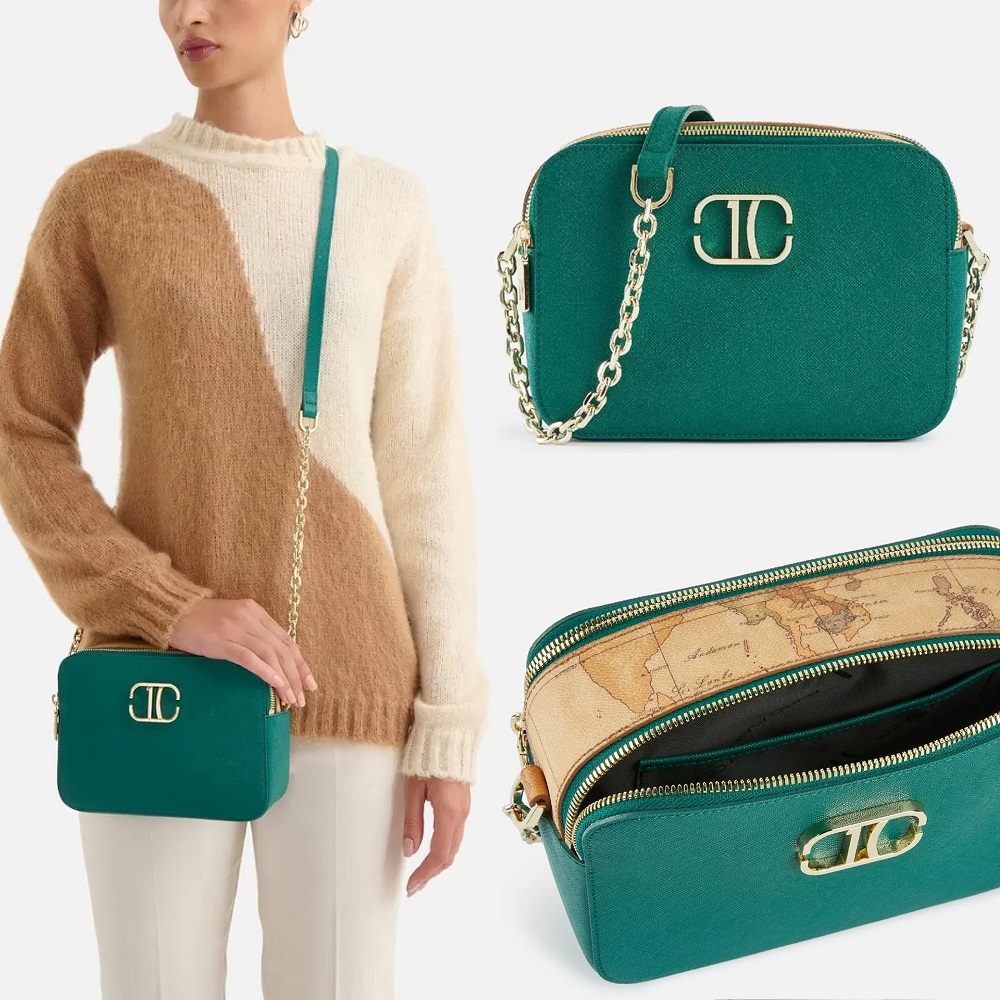 Alviero Martini 【 義大利地圖包】輕奢質感 雙拉鍊時尚記者肩背包-翡翠綠