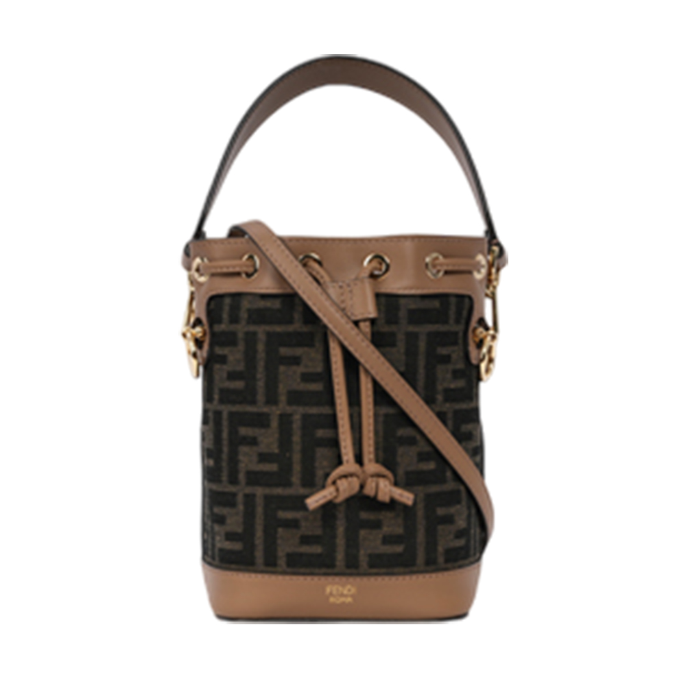 FENDI MON TRESOR FF Logo 緹花及皮革二用迷你水桶包(棕色) 8BS093 ALP3 F1AOE