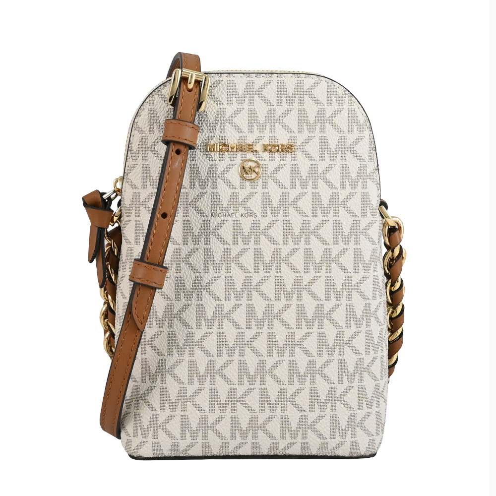 MICHAEL KORS Jet Set Charm 印花LOGO斜背手機包.白/咖