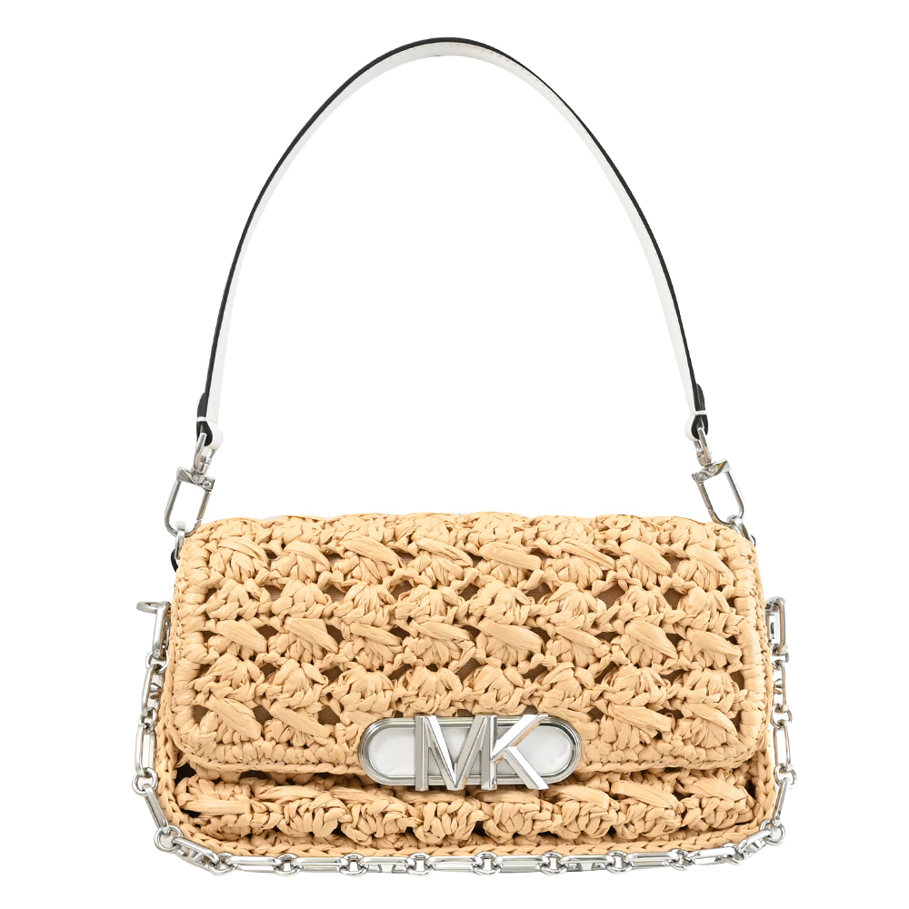 MICHAEL KORS PARKER 金屬LOGO草編雙背帶翻蓋肩揹包.白邊