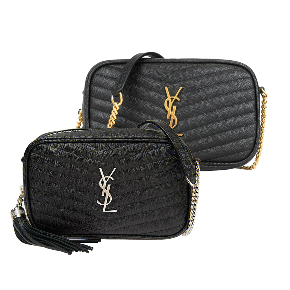 YSL 聖羅蘭 V字縫線魚子醬牛皮金屬LOGO流蘇相機包(任選)