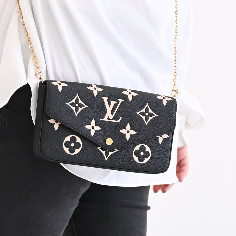 Louis Vuitton 路易威登 LV M82479 Pochette Felicie 經典花紋皮革壓紋鍊條斜背小提包.黑/米色 現貨