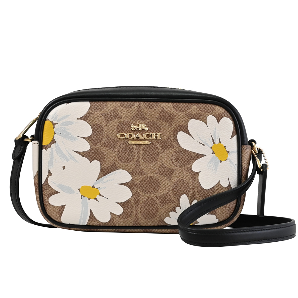COACH CZ609 MINI JAMIE 花卉印花LOGO斜背相機包.駝/黑邊