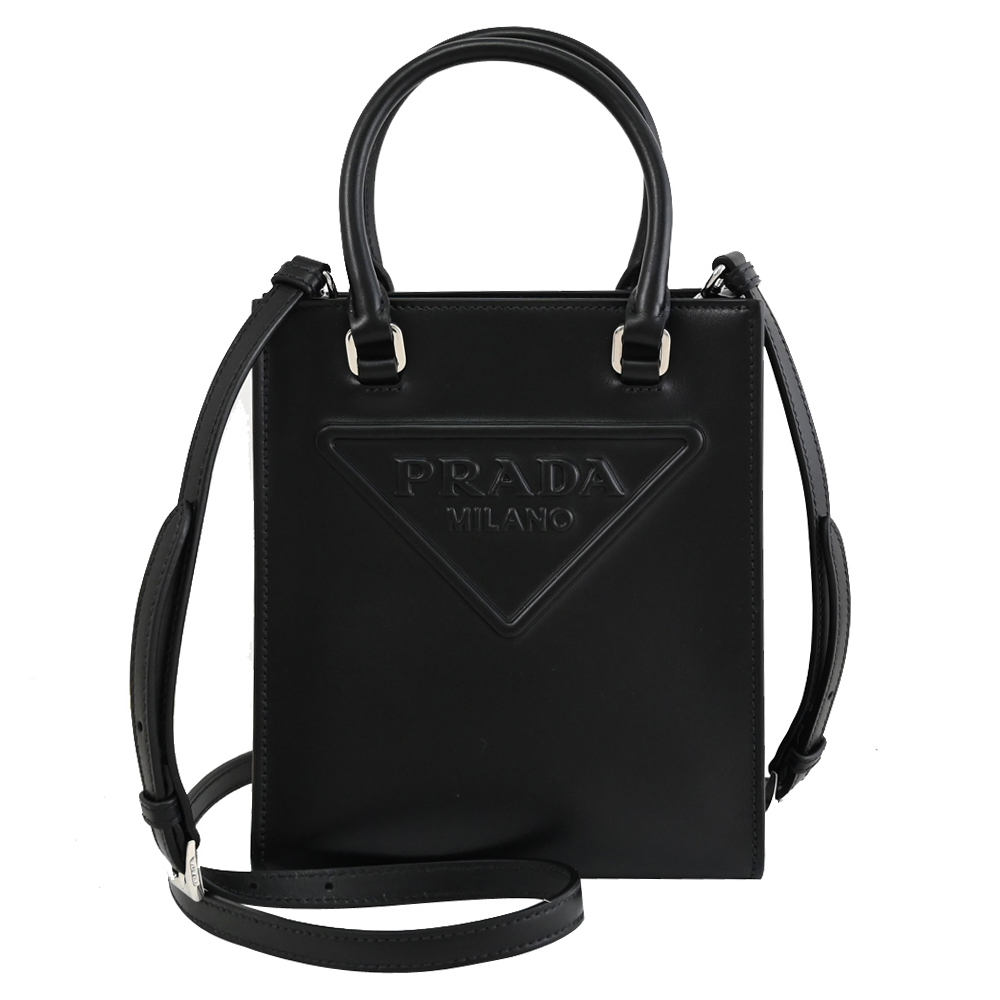 PRADA 1BA333 經典LOGO浮雕小牛皮手提斜背兩用包.黑