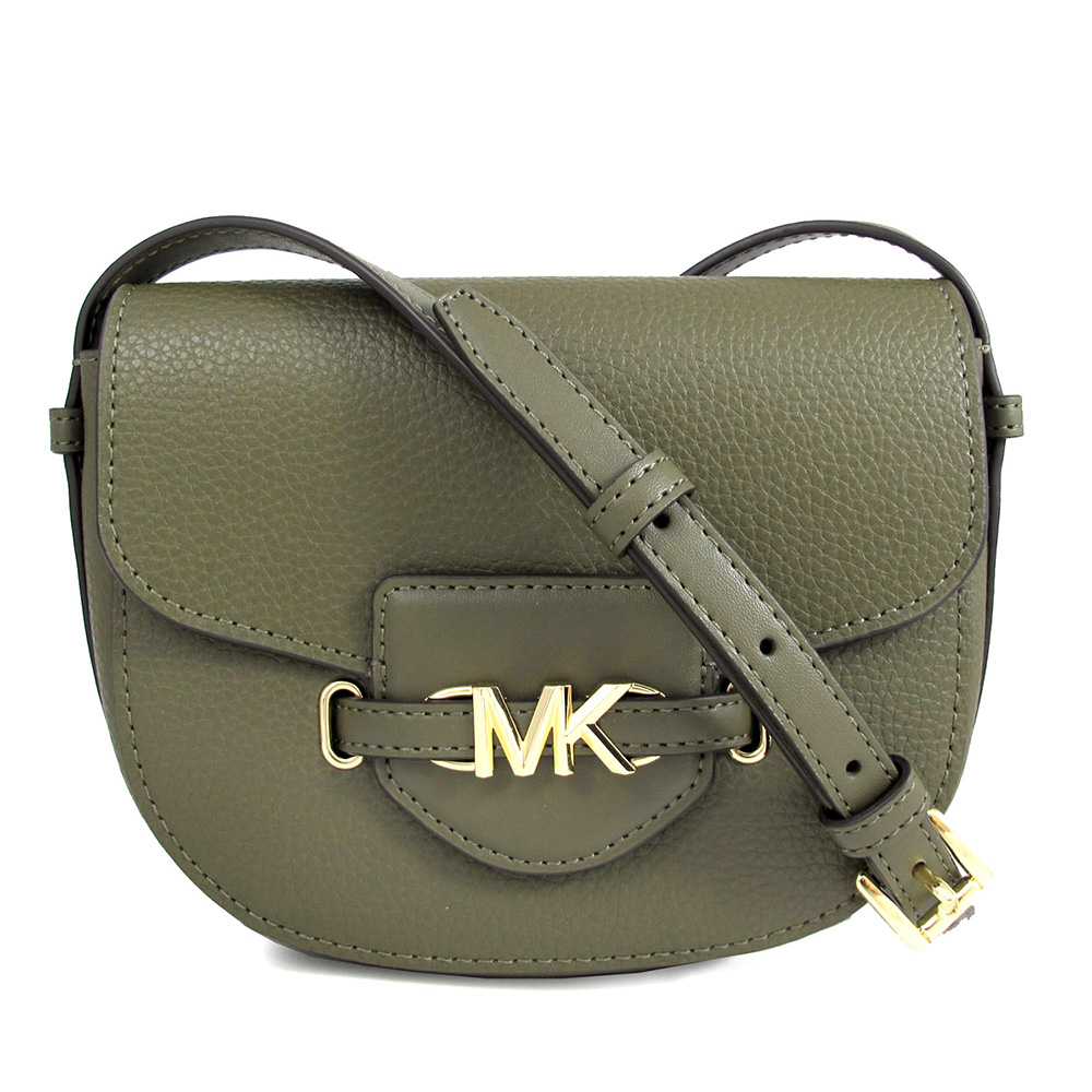 MICHAEL KORS REED 金字MK腰帶配飾橄欖綠色鵝卵石紋皮革掀蓋斜背馬鞍包