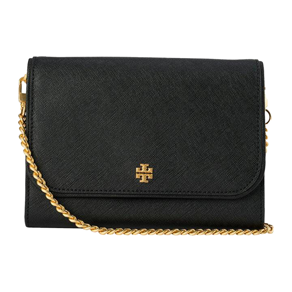 TORY BURCH TORY BURCH Emerson防刮皮革金屬LOGO鍊帶WOC斜揹包 黑色