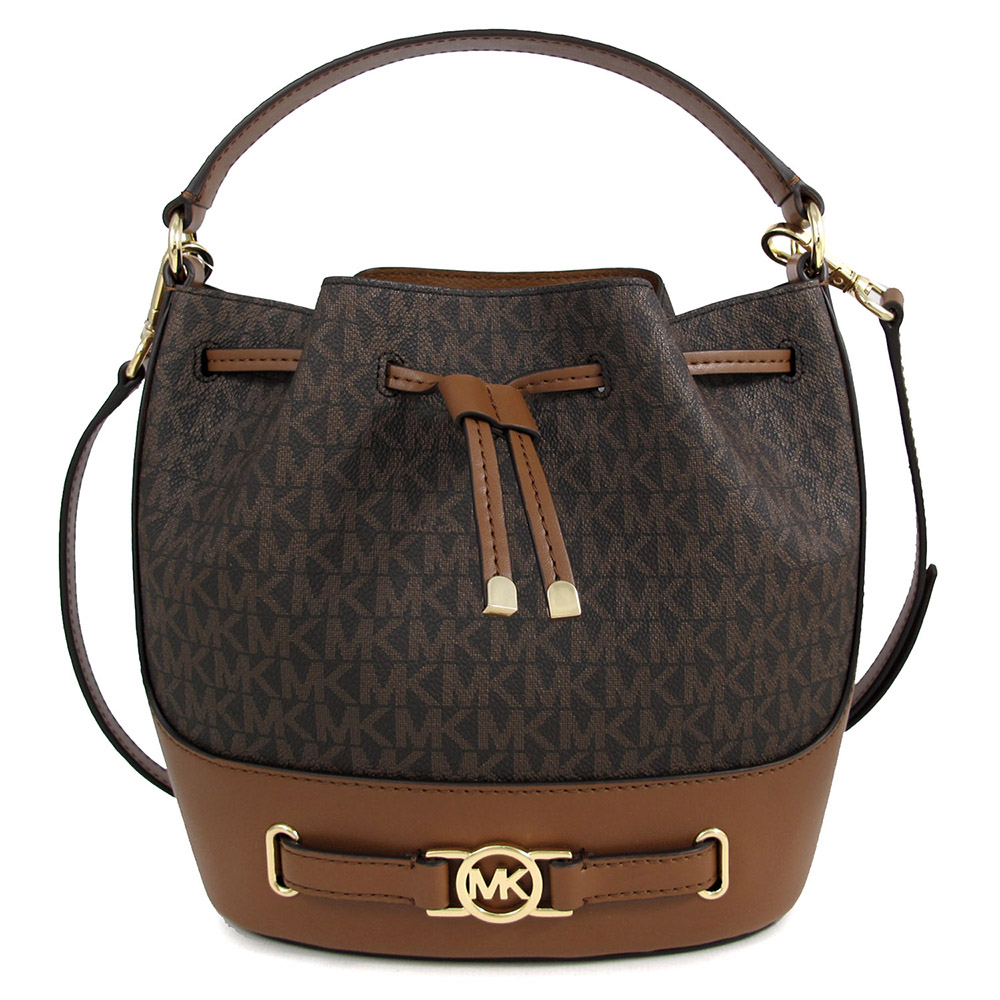 MICHAEL KORS REED 金字MK腰帶配飾咖啡色防刮滿版水桶兩用包(中款)