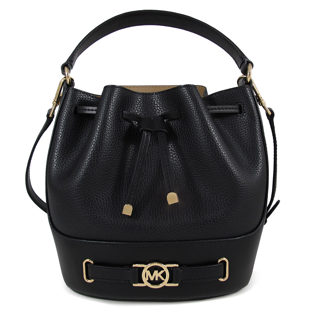 MICHAEL KORS REED 金字MK腰帶配飾黑色鵝卵石紋皮革水桶兩用包(中款)
