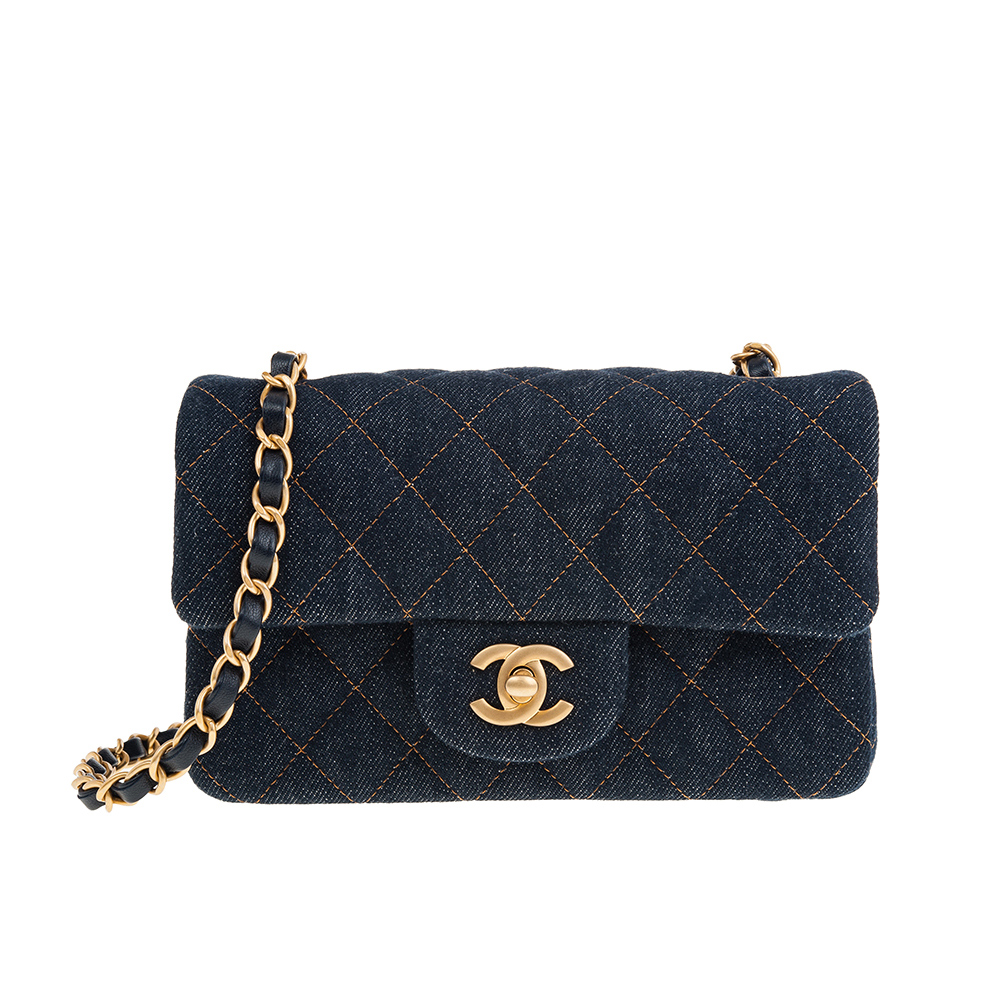 CHANEL 限量款MINI COCO縫線格紋丹寧牛仔布金屬CC LOGO鍊帶/斜揹包 (深藍)