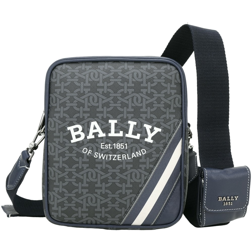 BALLY Bhenn 老花帆布拼牛皮直方斜揹包(深藍)