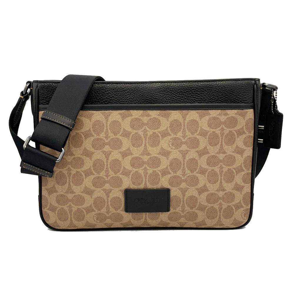 【COACH】新款C LOGO皮牌男款斜背郵差包(焦糖)