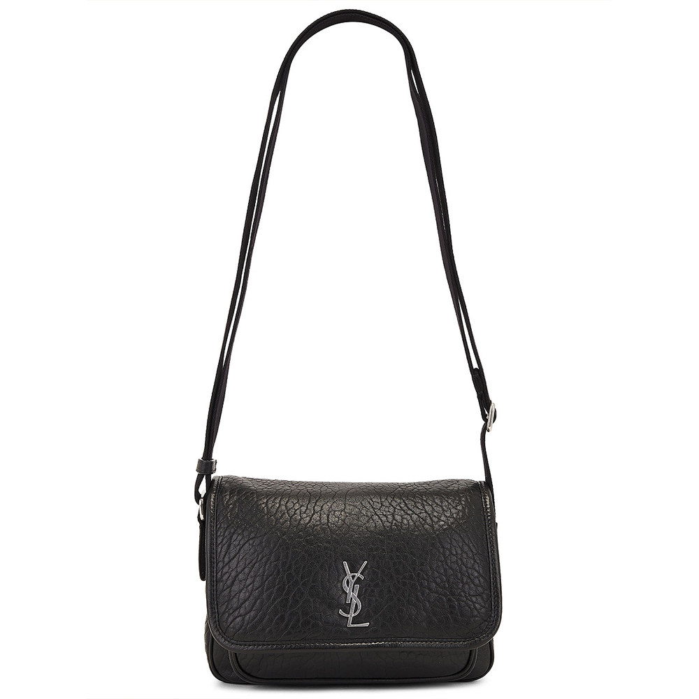 【YSL】SAINT LAURENT 專櫃經典款 NIKI系列銀色金屬LOGO粒面小羊皮翻蓋肩/斜揹包郵差包 斜揹包 (小款)