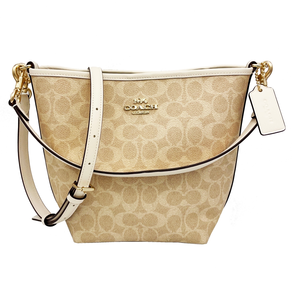 【COACH】新款C LOGO肩背斜背兩用水桶包(米白)