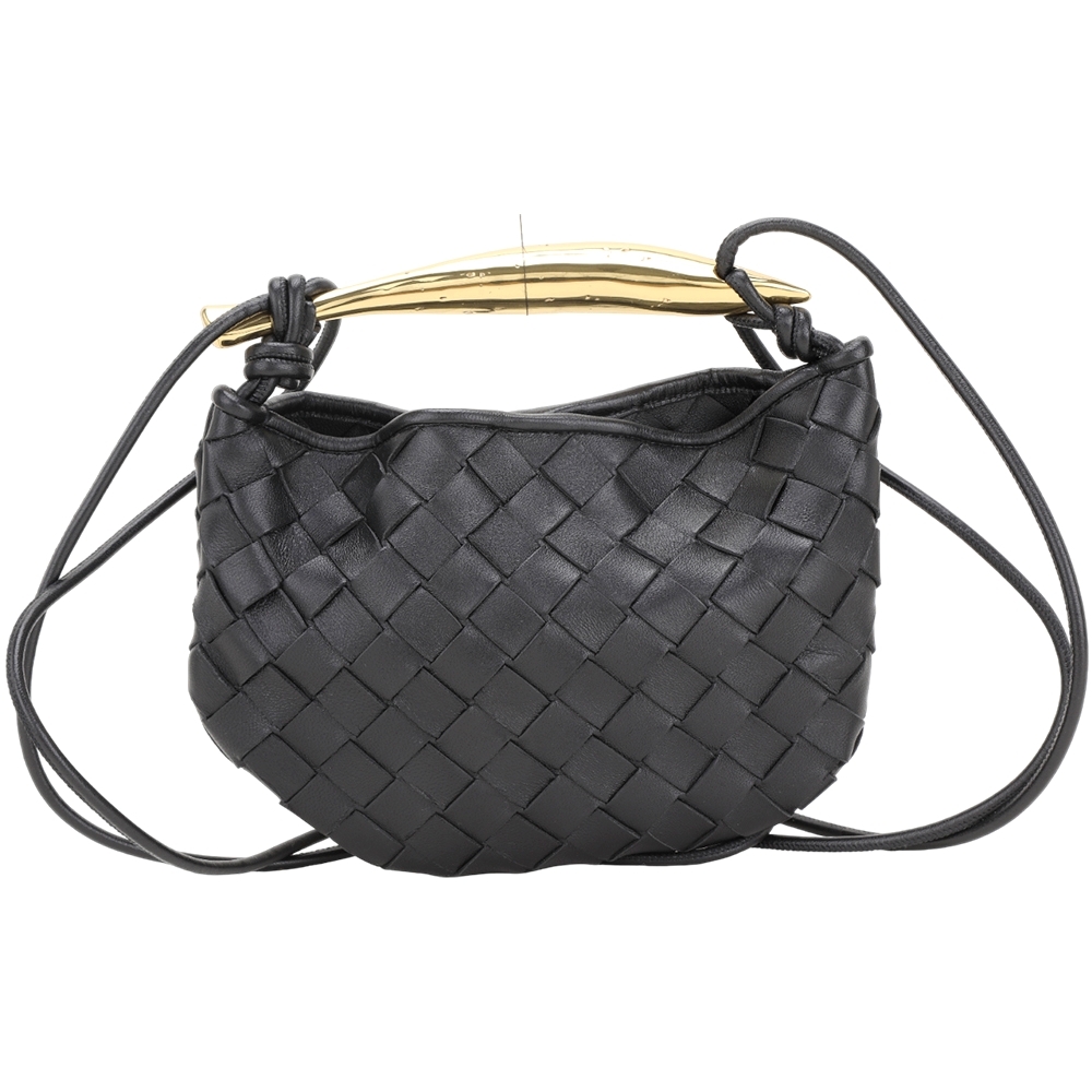 BOTTEGA VENETA 寶緹嘉 Sardine 編織羊皮黃銅提把斜揹包(迷你/黑色)