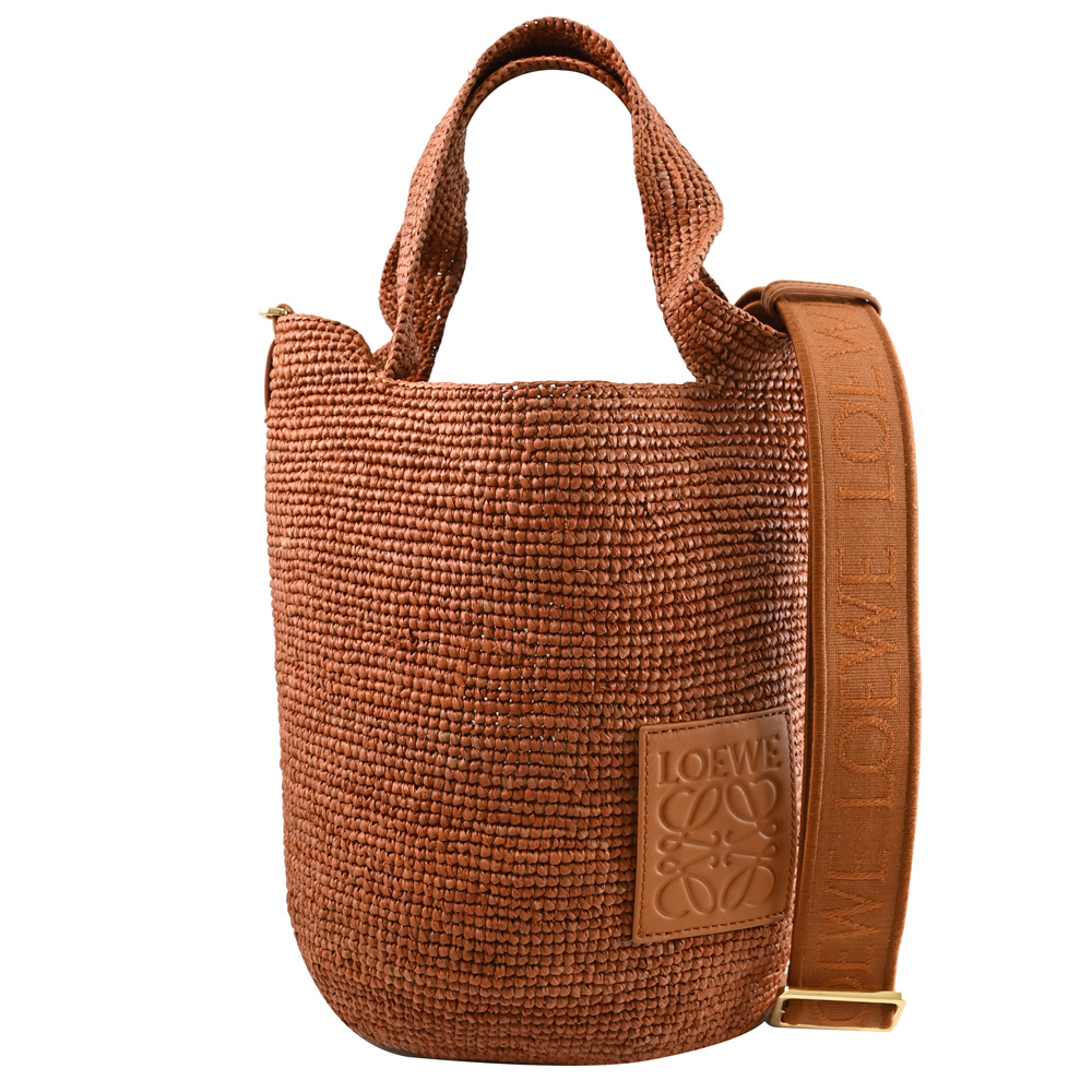 LOEWE Slit Mini 經典徽章LOGO草編手提兩用包.棕色