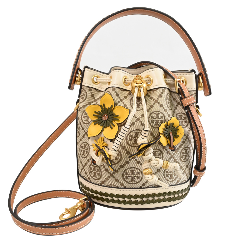 TORY BURCH 88980 T Monogram 立體花朵造型兩用水桶包.白邊