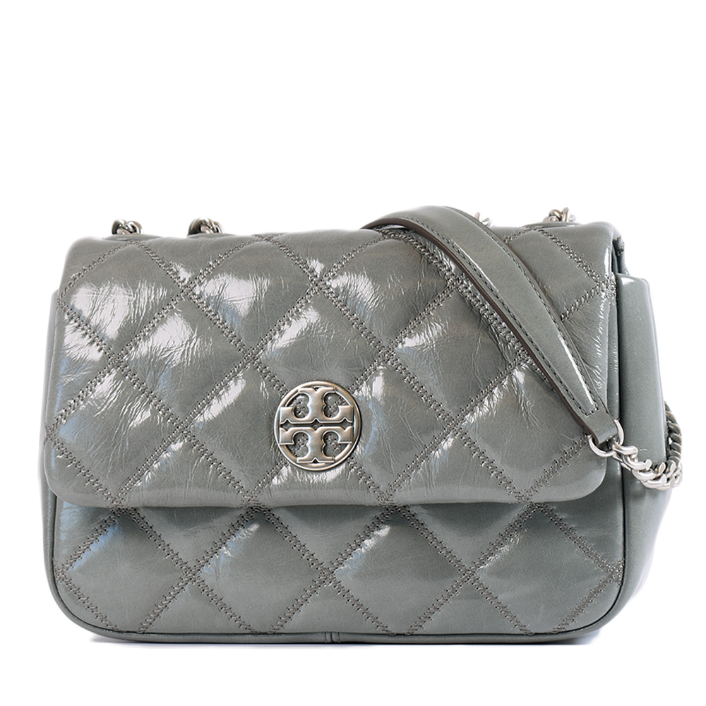 TORY BURCH WILLA 銀LOGO菱格翻蓋肩背/斜背二用包-油蠟綠/小
