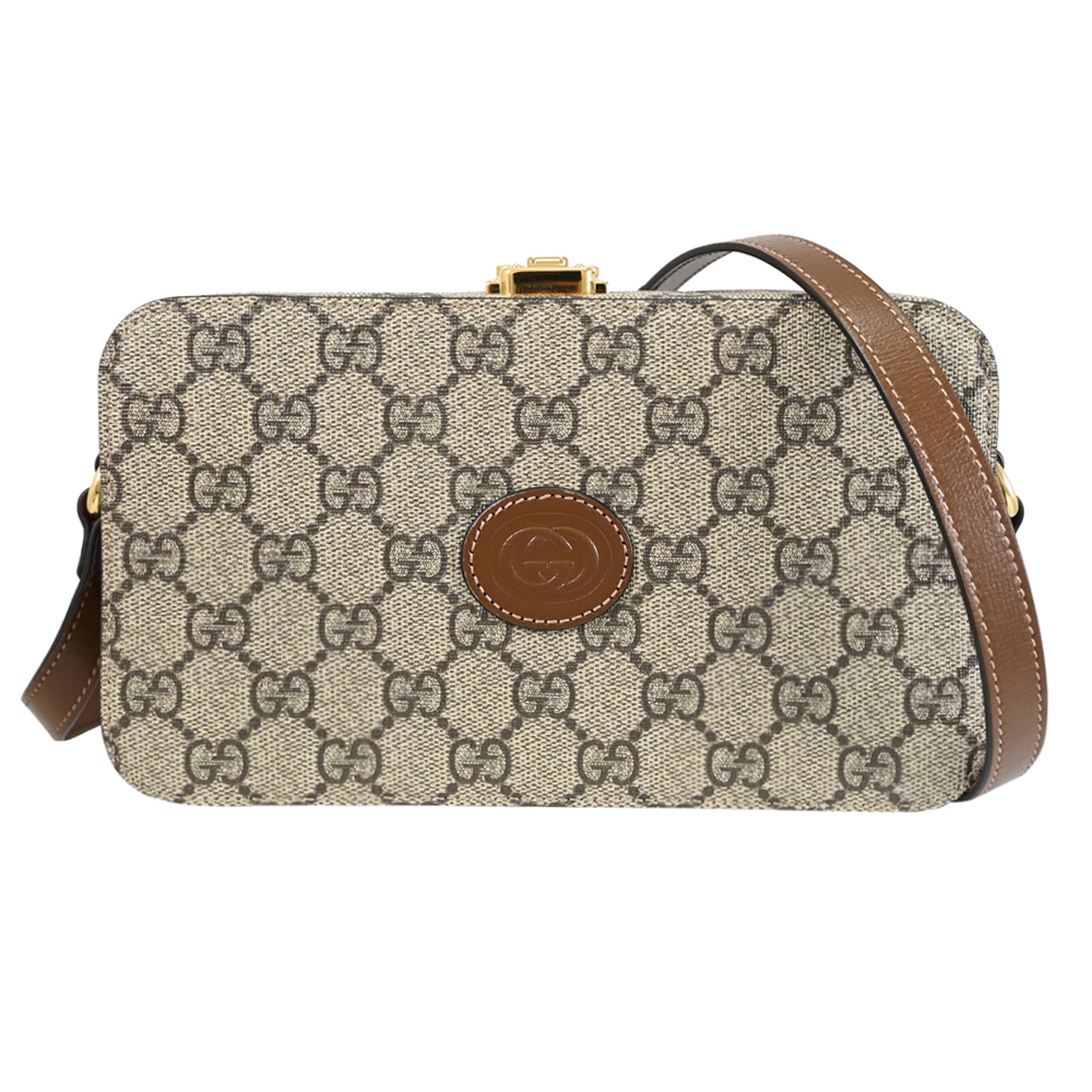 GUCCI 723129 Interlocking 經典LOGO箱型硬殼迷你斜揹包.咖