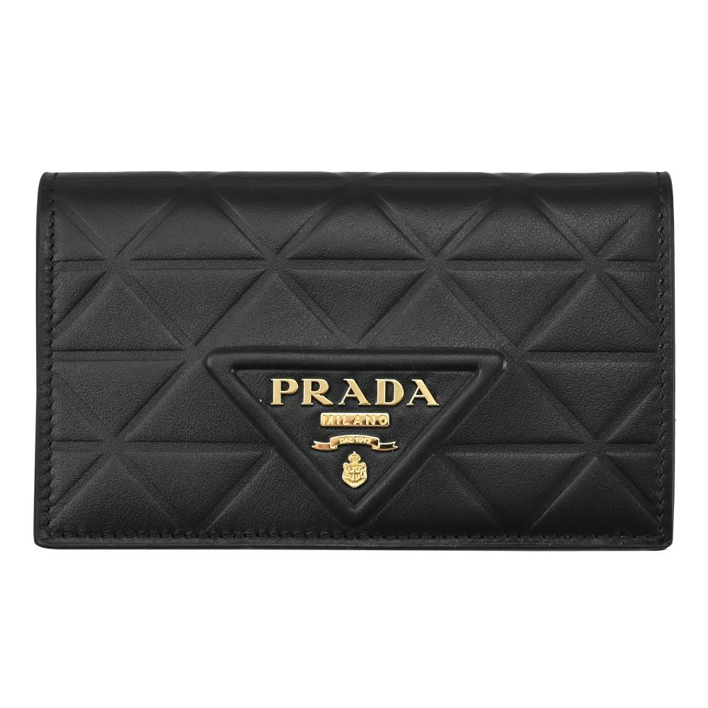 PRADA 普拉達 浮雕LOGO三角壓紋對開多卡中夾.黑