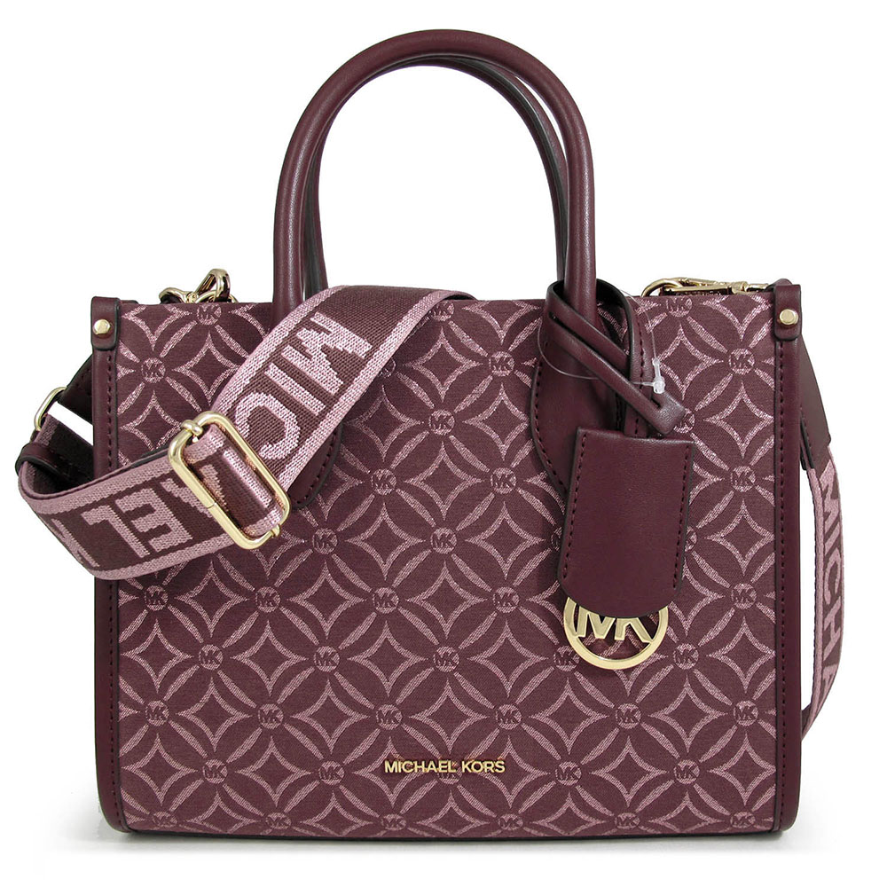 MICHAEL KORS MIRELLA 緹花金絲LOGO牛血紅色牛皮滾邊寬帶托特兩用包(小)