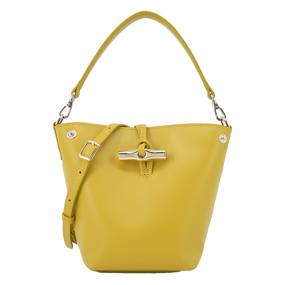 LONGCHAMP LE ROSEAU系列金屬竹節滑面小牛皮兩用水桶包(迷你/薑黃)