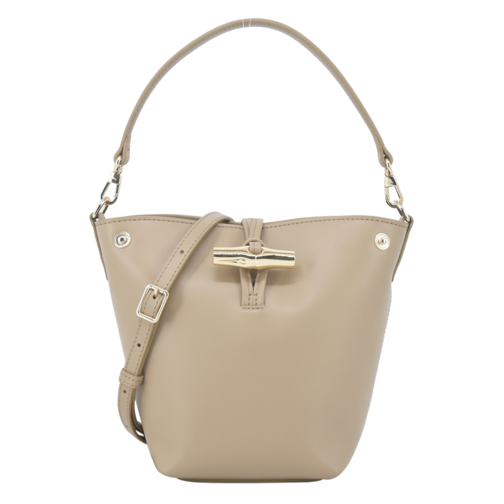LONGCHAMP LE ROSEAU系列金屬竹節滑面小牛皮兩用水桶包(迷你/香草)
