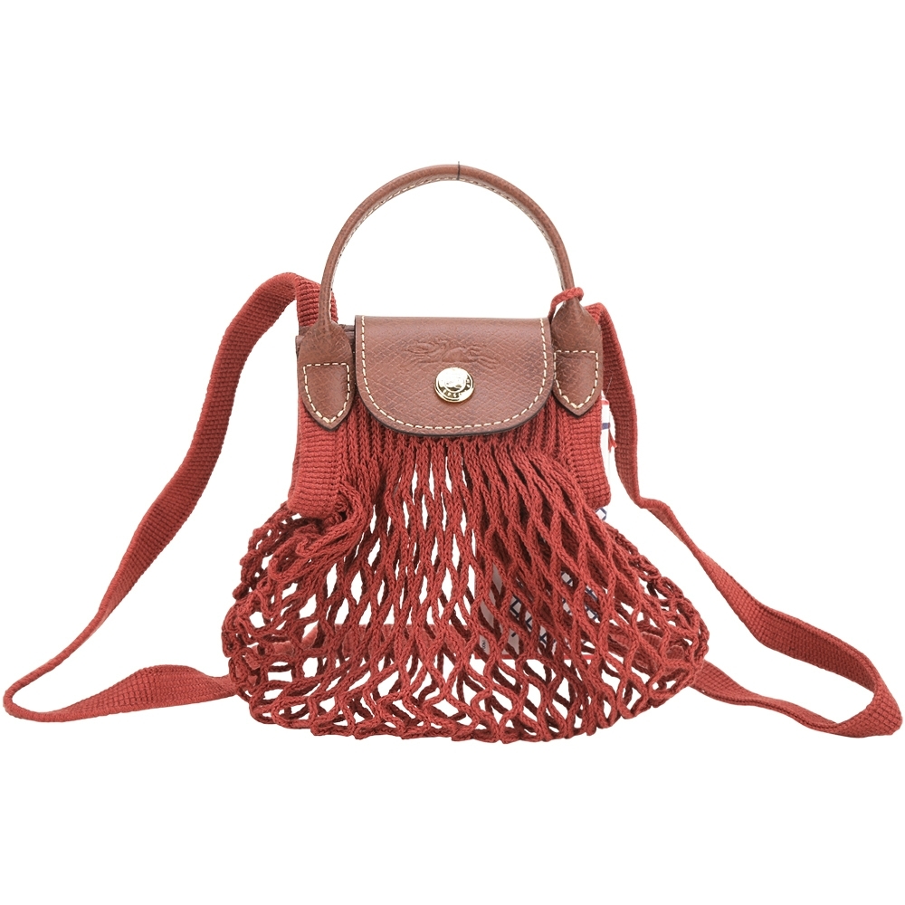 LONGCHAMP Le pliage Filet 迷你 棉線編織手提/肩背漁網包(赤褐色)
