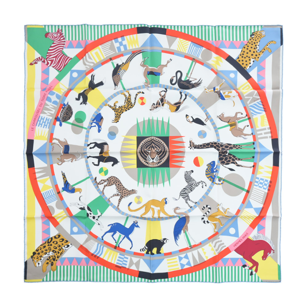Hermes 愛馬仕 Le Carrousel du Tigre Royal 90 手工捲邊斜紋真絲方巾(白色 / 綠色)