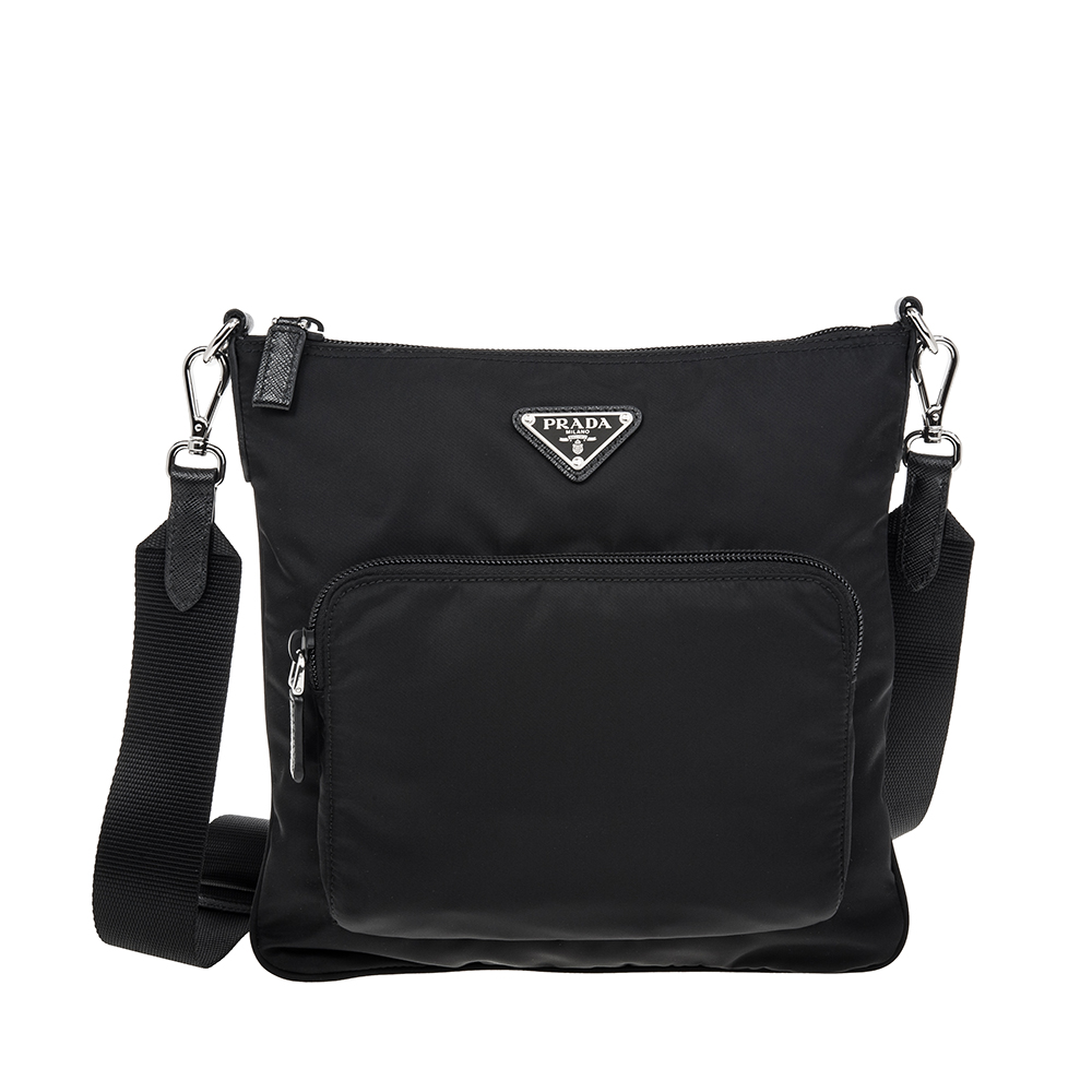 PRADA 經典三角品牌LOGO前口袋尼龍拉鍊斜背扁包 (黑色)