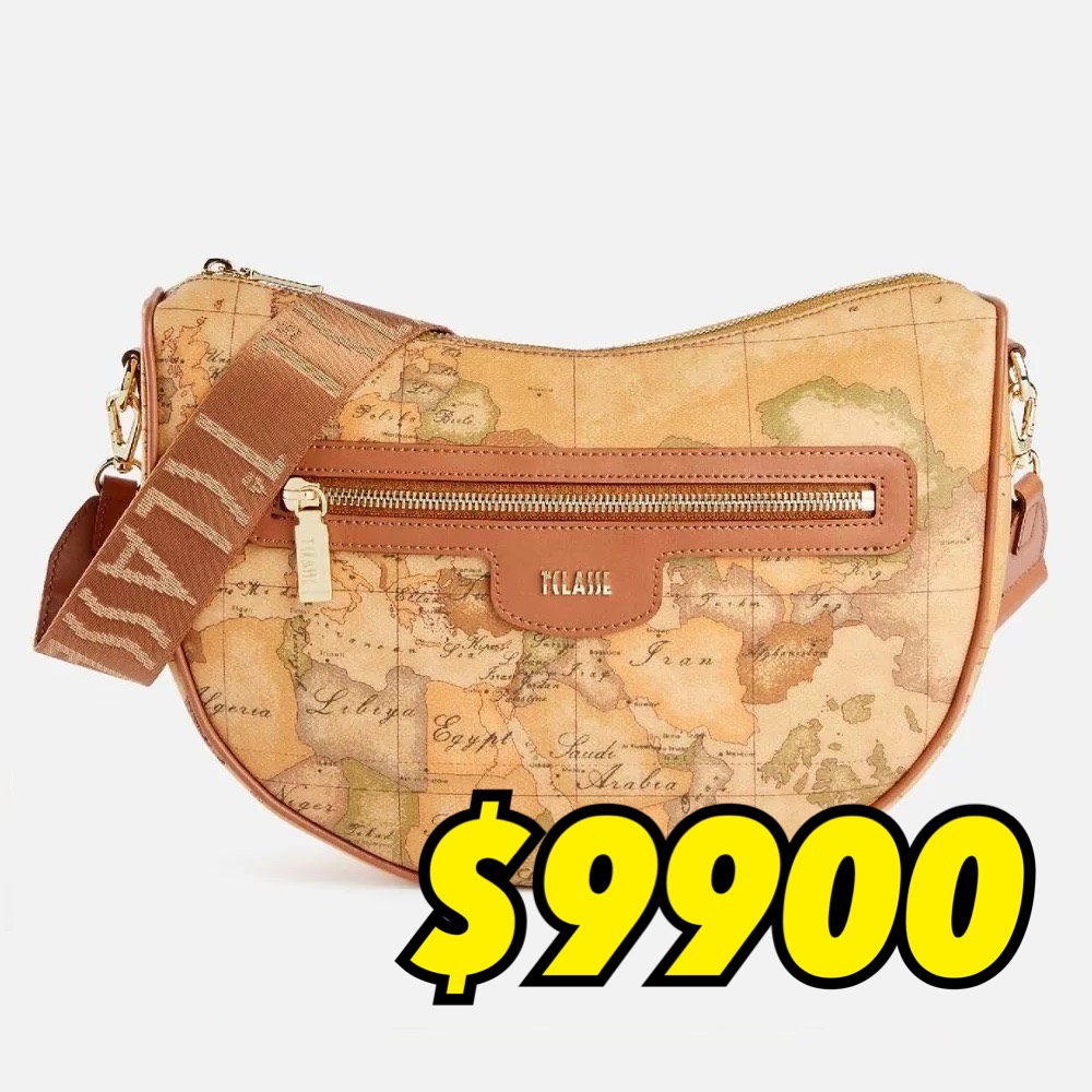 Alviero Martini 【 義大利地圖包】水餃寬揹帶側背包28cm-地圖黃