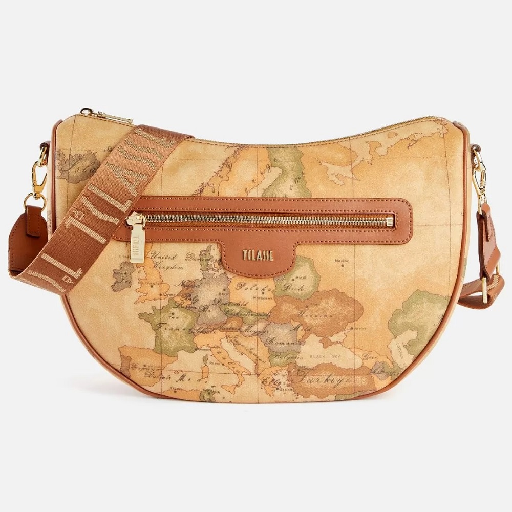 Alviero Martini 【 義大利地圖包】水餃寬揹帶側背包32cm-地圖黃