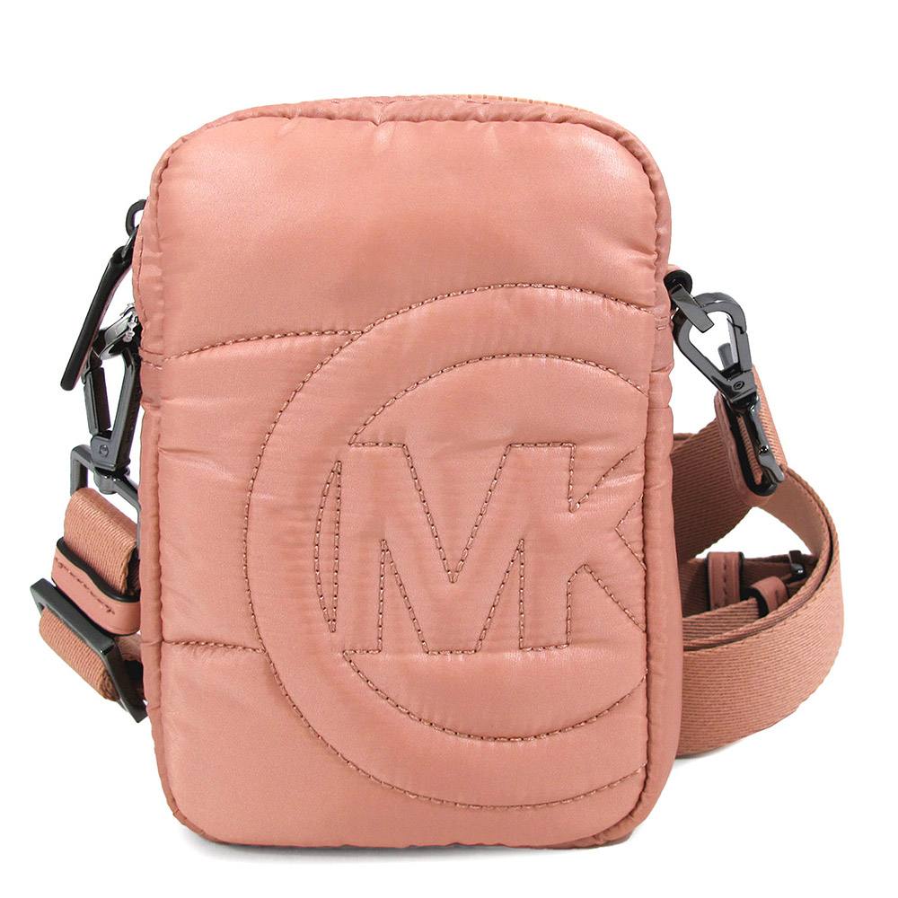 MICHAEL KORS RAE 日落玫瑰粉色絎縫大圓標LOGO防潑水尼龍輕量手機小物斜揹包