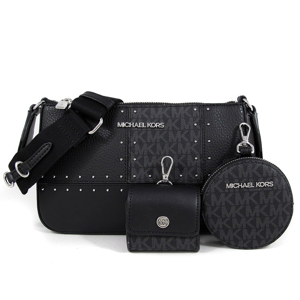MICHAEL KORS JET SET TRAVEL 銀字LOGO黑色滿版拼接皮革三合一鉚釘斜揹包