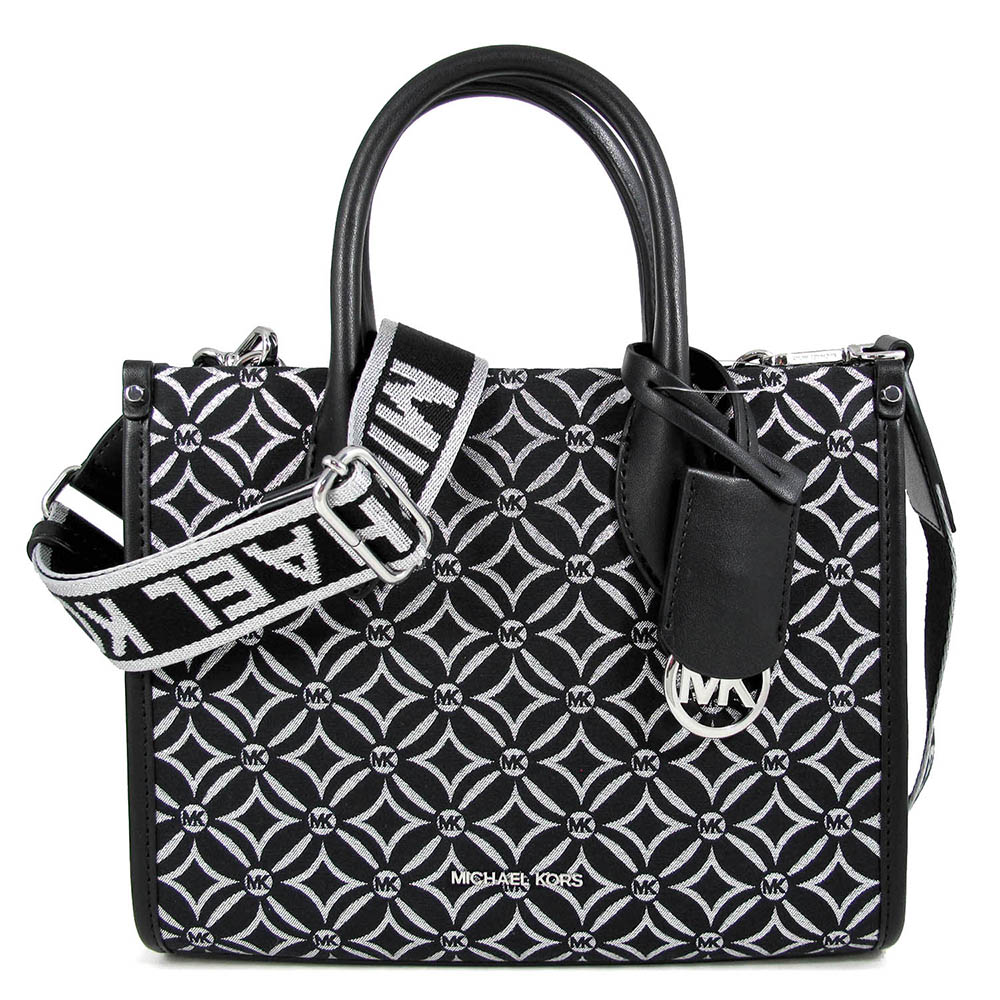 MICHAEL KORS MIRELLA 緹花銀絲LOGO黑色牛皮滾邊寬帶托特兩用包(小)