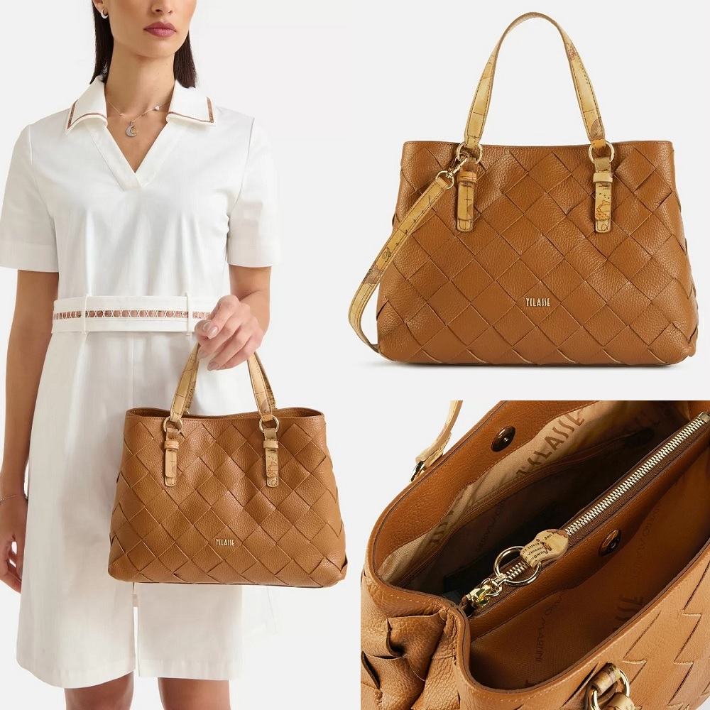 Alviero Martini 【 義大利地圖包】牛皮編織格紋手提側背包30cm-咖啡色