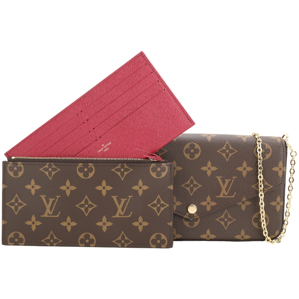 Louis Vuitton LV路易威登 M81896 Felicie Pochette老花塗層帆布鍊帶斜揹包(咖啡/桃紅內裡)