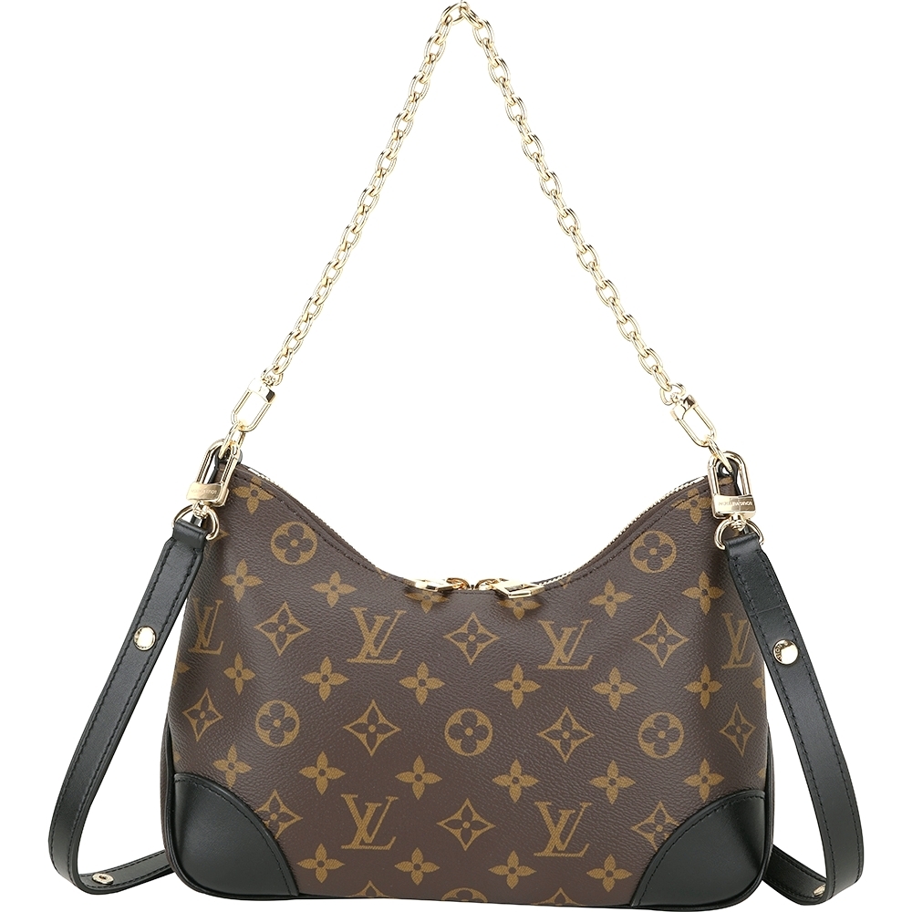 Louis Vuitton LV路易威登 M45831 Boulogne 老花塗層帆布拼牛皮鍊帶肩背腋下包(咖啡色)