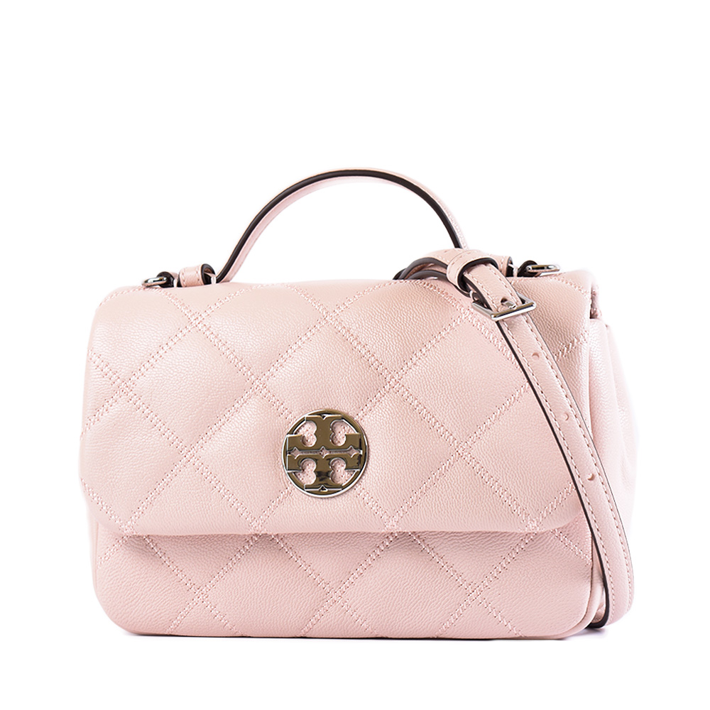 TORY BURCH WILLA 銀色LOGO菱格紋手提/斜背二用包-柔粉/迷你