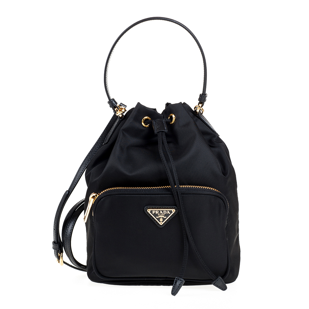 PRADA 三角LOGO經典尼龍帆布束口手提/斜背兩用水桶包(黑色)