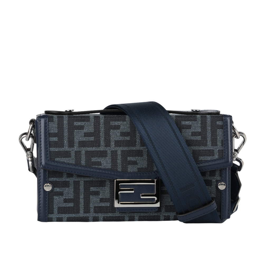 FENDI Soft Trunk FF Logo 緹花拼皮革二用包(牛仔藍) 7VA565 AG0M F1O97