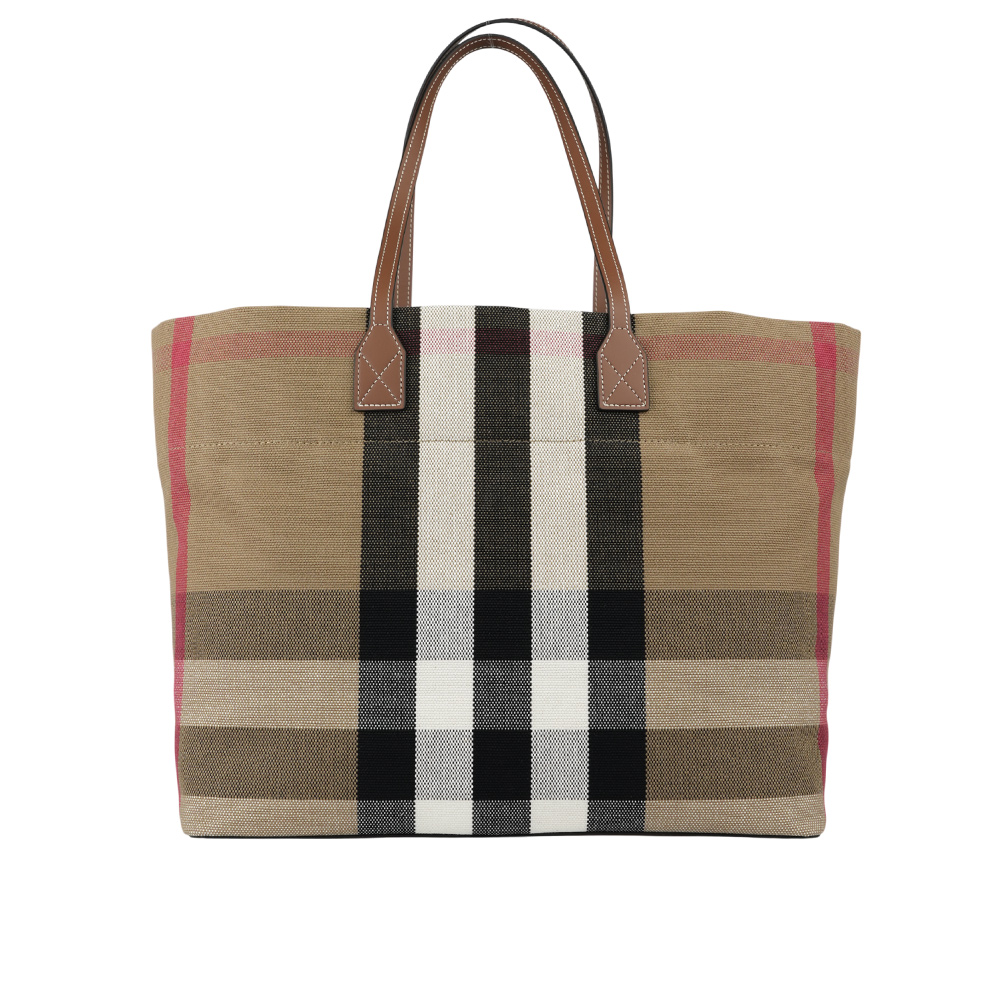 BURBERRY London 格紋棉質帆布及牛皮中型托特包(灰褐色/棕色) 80840471