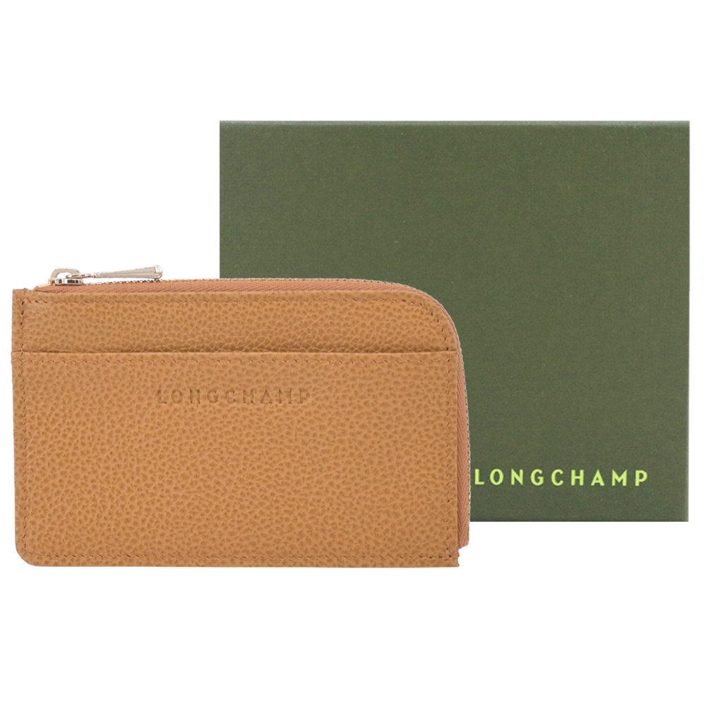 LONGCHAMP LE FOULONNÉ系列牛皮卡片零錢包(胡桃棕)